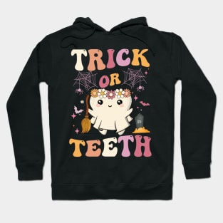 Trick Or Teeth Ghost Groovy Dental Halloween Treat Dentist Hoodie